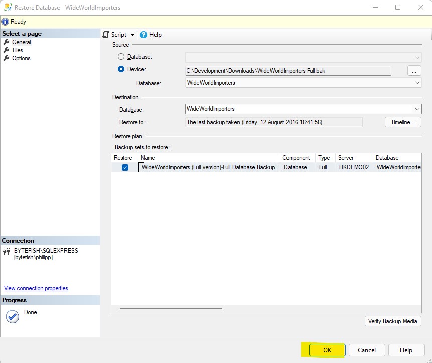 Final step for restoring the WWI database