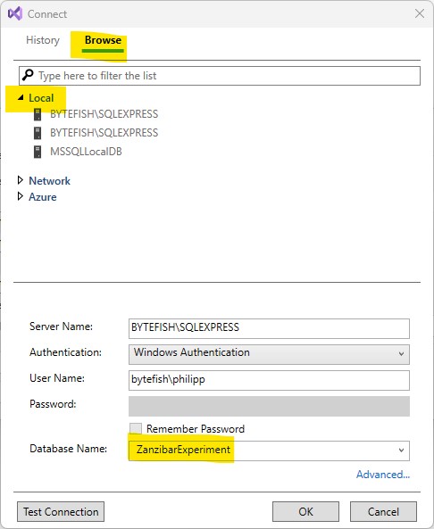 Step 3: Select the SQL Server and enter a Database name